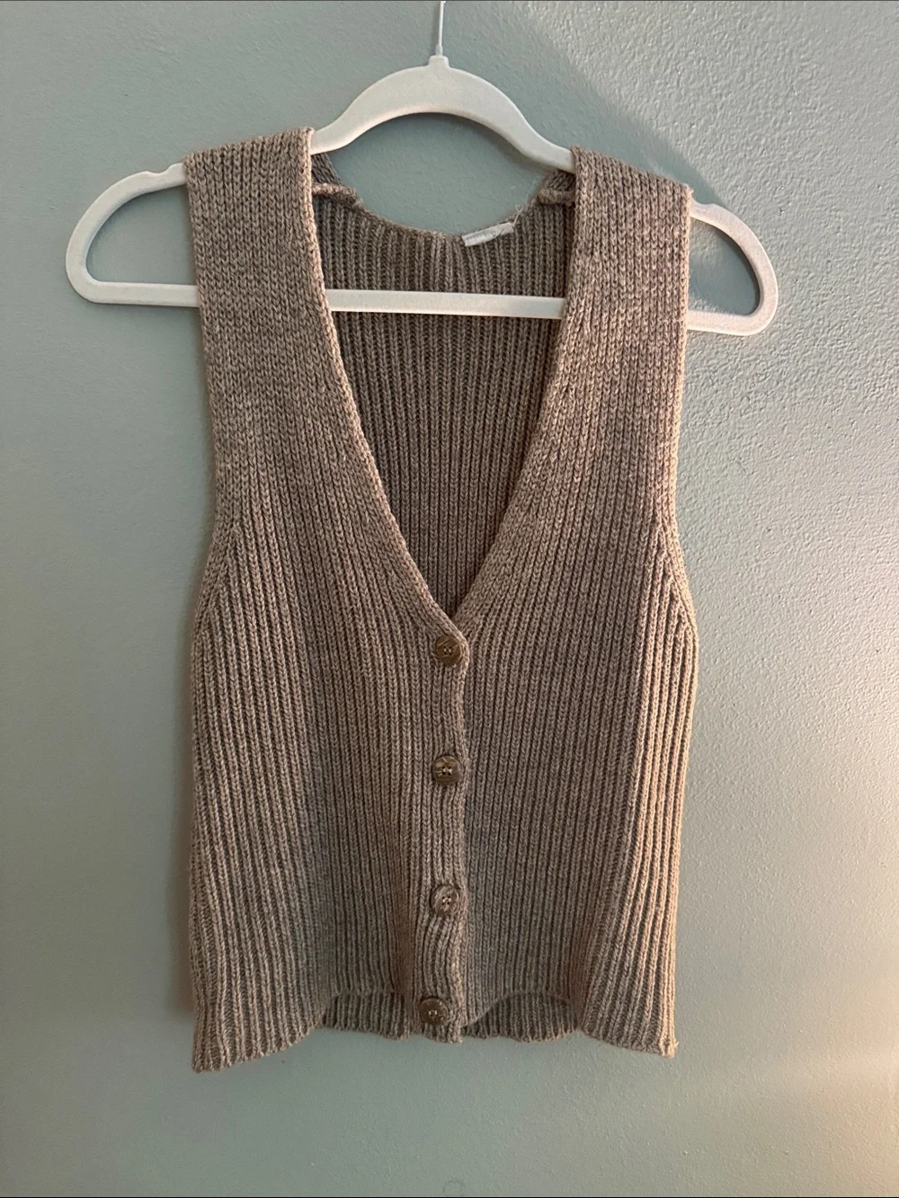 Ribbed V-Neck Button Front Sweater Vest - Taupe